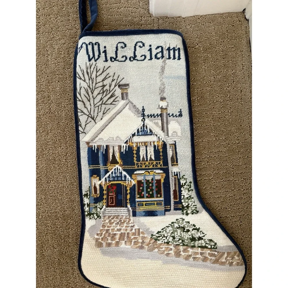 Vtg Needlepoint Stocking Christmas Blue Velvet Backed 20 